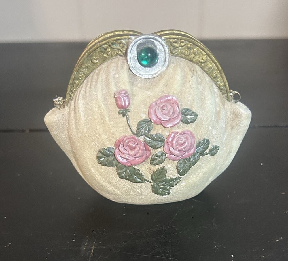 Vintage Style Miniature Purse Pink Roses Green Jewel Gold Tone Unmarked